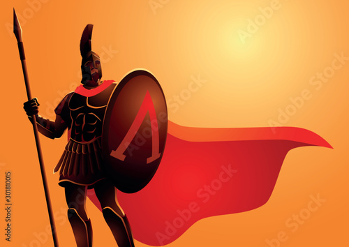 Obraz na plátně Ancient warrior wearing helmet and red cloak
