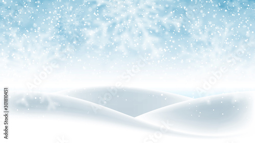 Christmas background, blue winter sky with falling snow and huge snowdrifts. Beautiful winter landscape, holiday scene with falling snowflakes for greeting card, wallpaper