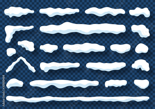 Snow caps and snowdrifts isolated on transparent background. Set of white snow caps and piles with icy texture