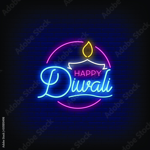 Happy Diwali Neon Signs Style Text Vector