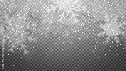 Falling snow on transparent background. Snowfall texture, snowflakes are falling down, transparent overlay effect. Realistic Christmas snow