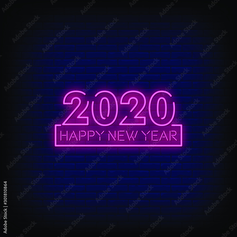Happy new year 2020 Neon Signs Style Text Vector