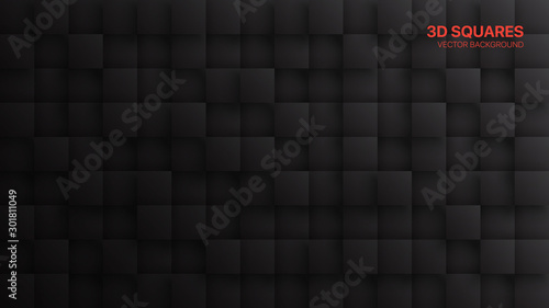 3D Vector Squares Dark Gray Abstract Background. Darkness Three Dimensional Science Technologic Tetragonal Blocks Structure Conceptual Art Illustration. Black Friday Sale Blank Tech Backdrop