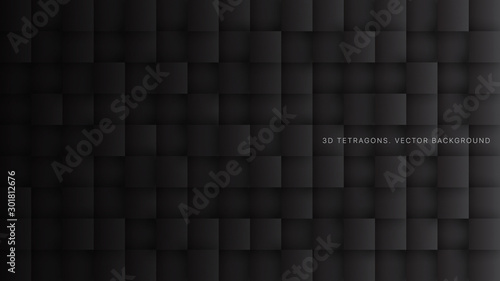 Dark Gray 3D Vector Squares Abstract Background. Science Technologic Square Blocks Structure Black Conceptual Wallpaper. Three Dimensional Clear Blank Subtle Textured Backdrop