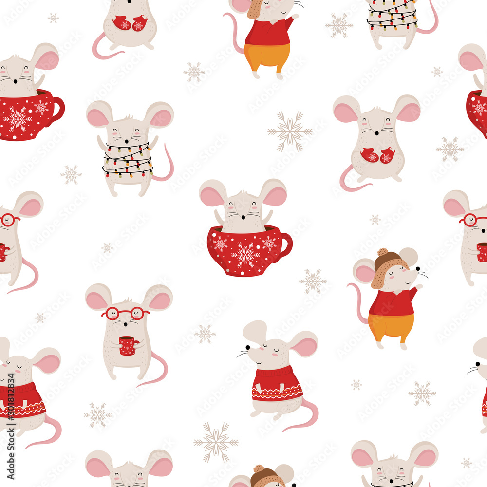 Vector seamless pattern with hand drawing cute winter rats in cozy clothes. Creative background with funny mice for New 2020 Year.