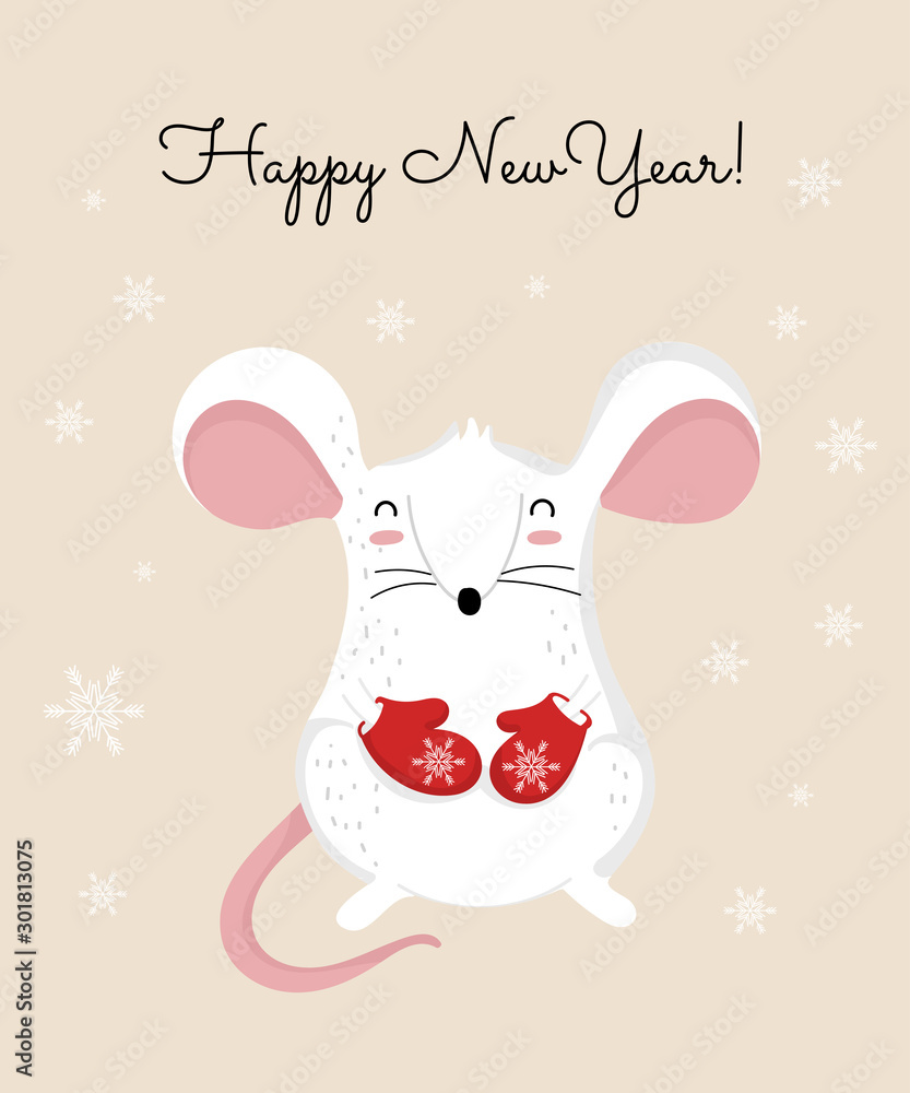 Vector poster with hand drawing cute winter rat in cozy clothes. Creative banner with funny mouse for New 2020 Year. Vector poster with hand drawing cute winter rat in cozy clothes. Creative banner with funny mouse for New 2020 Year.