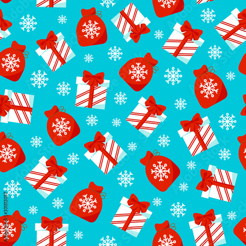 Seamless Christmas pattern. Xmas gift boxes, bags and snowflakes от blue background. Happy New Year and Merry Xmas endless present template. Winter holidays wrapping design. Vector illustration.