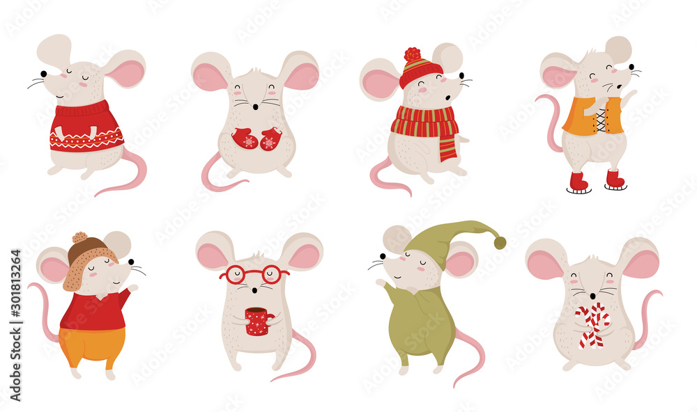 Obraz premium Vector collection with hand drawing cute winter rats in cozy clothes. Creative banner with funny mouse for New 2020 Year.