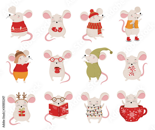 Vector collection with hand drawing cute winter rats in cozy clothes. Creative banner with funny mouse for New 2020 Year.
