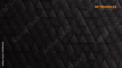 3D Vector Triangle Particles Technological Dark Abstract Background. Three Dimensional Science Conceptual Technology Triangular Structure Darkness Wallpaper. Tech Clear Blank Black Friday Backdrop