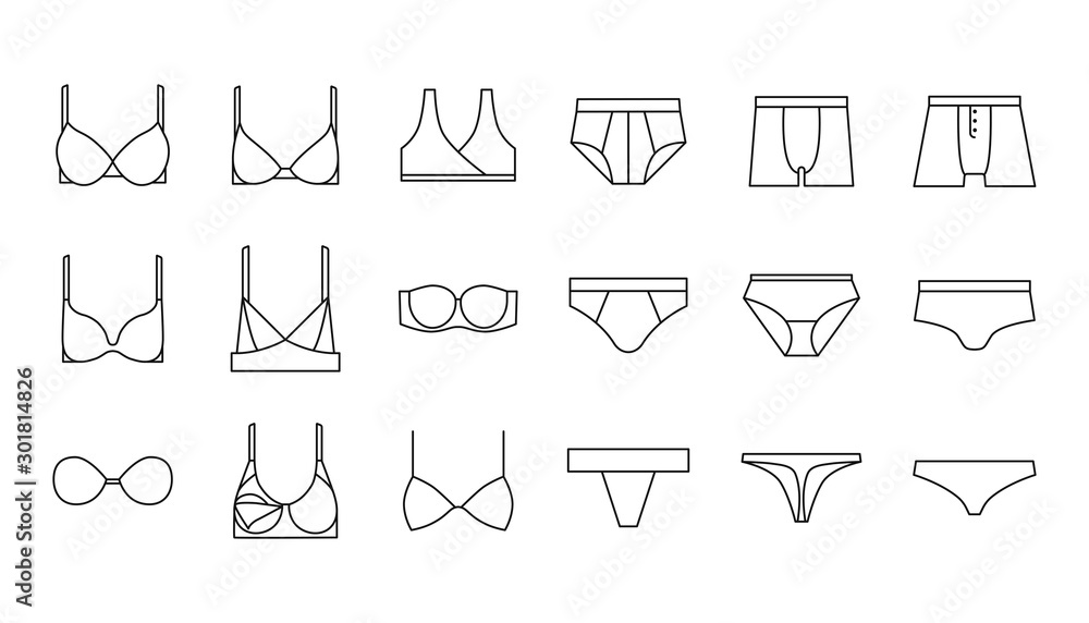 Underwear, bra, panties, lingerie vector icons set - obrazy, fototapety, plakaty 