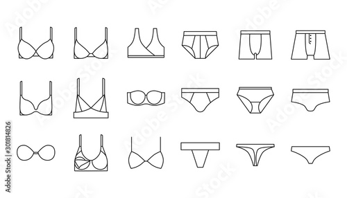 Underwear, bra, panties, lingerie vector icons set