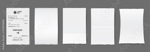 Paper shop check. White supermarket receipt. Financial bill mockup.