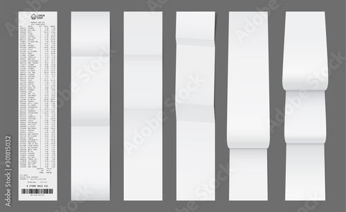 Paper shop check. White supermarket receipt. Financial bill mockup.