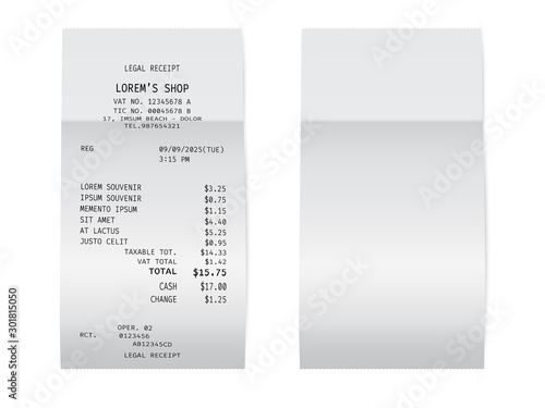 Template of a check from a shop or supermarket or restaurant. White cashier receipt.