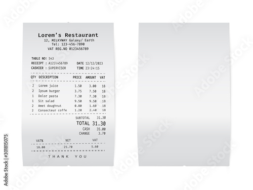 Paper check from shop. Template of a rolled supermarket receipt.