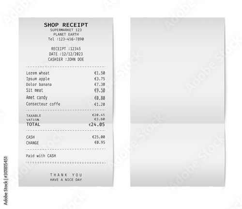 Template of a check from a shop or supermarket or restaurant. White cashier receipt.