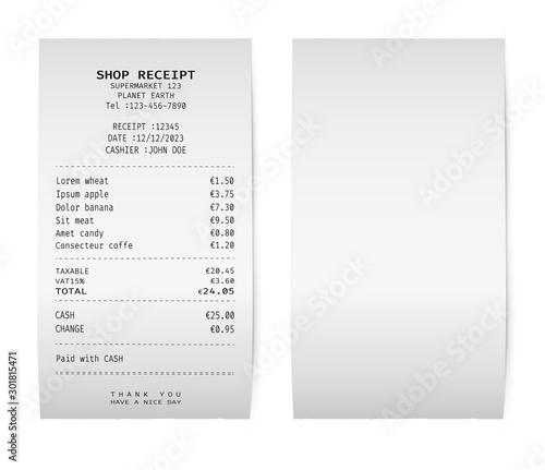 Template of a white paper receipt. Blank check from a shop, supermarket or restaurant.