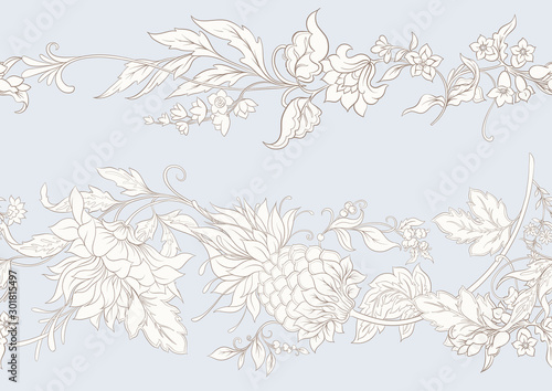 Fantasy flowers in retro, vintage, jacobean embroidery style. Seamless pattern, background. Outline hand drawing vector illustration. In vintage blue and beige colors.