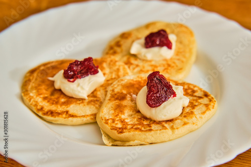 Pancakes on white plate