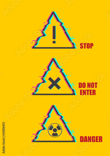 Glitch hazard symbols . Danger sign .Warning signs life threatening .Vector illustration.