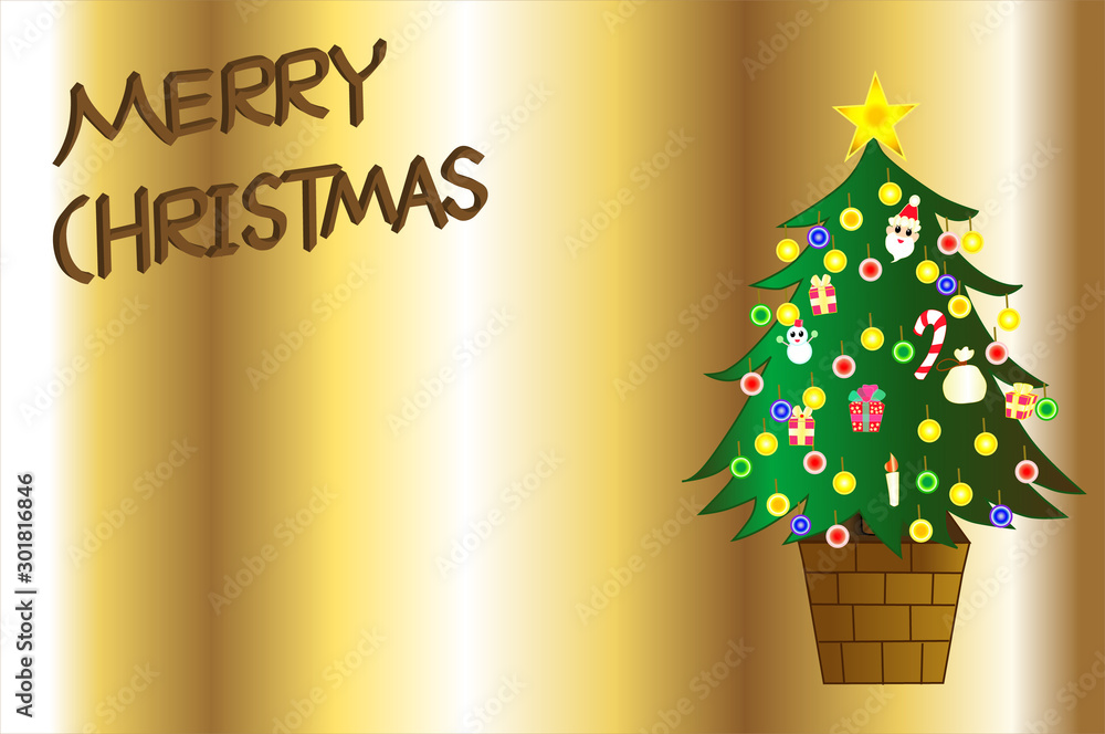 クリスマスツリーとメリークリスマスのロゴ ゴールド Illustration Stock Adobe Stock