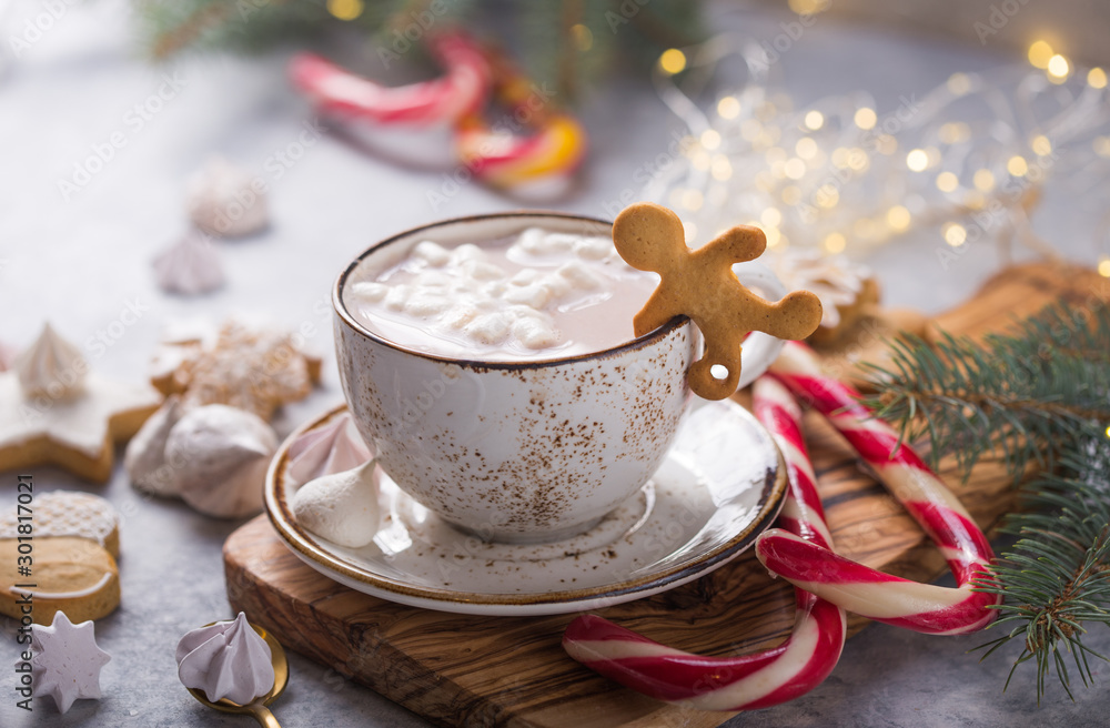 Hot chocolate cacao drinks with marshmallows in Christmas mugs on grey background. Traditional hot beverage, festive cocktail at X-mas or New Year - obrazy, fototapety, plakaty 