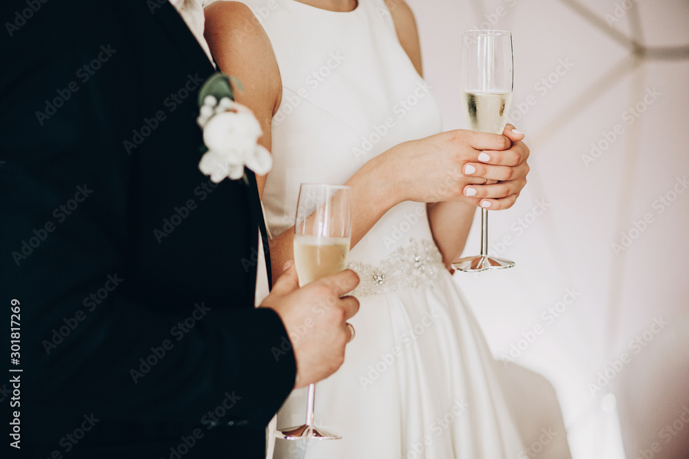 Stylish wedding couple holding champagne glasses and toasting at wedding reception in restaurant, cropped view. Bride and groom holding drinks and cheering, listening to toast. Luxury banquet Stylish wedding couple holding champagne glasses and toasting at wedding reception in restaurant, cropped view. Bride and groom holding drinks and cheering, listening to toast. Luxury banquet