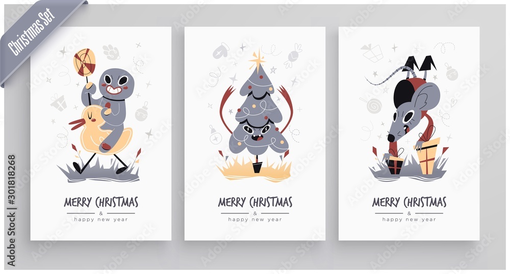 New Year 2020 And Christmas Greeting Card collection. Cute holiday themed Characters and situations New Year 2020 And Christmas Greeting Card collection. Cute holiday themed Characters and situations