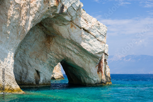 Interesting landmark, unique rock formations, sea caves and blue water in Zakynthos, Greece.