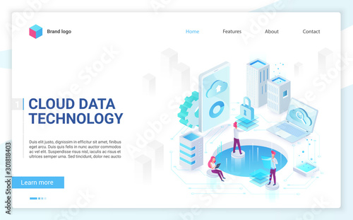 Cloud data technology soft light landing page isometric vector template. People programers serve equipment. Database storage, data encryption and protection. Cloud computing website homepage.