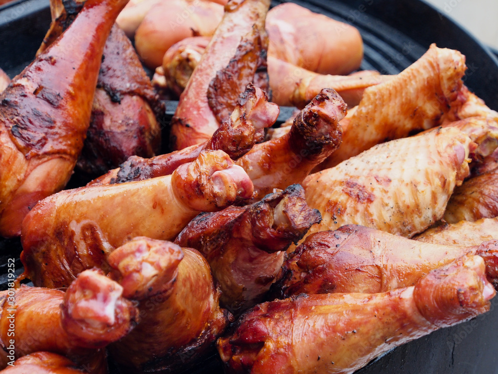 Turkey, delicious fried pieces, with a Golden crust, lie on the grill. Turkey, delicious fried pieces, with a Golden crust, lie on the grill.