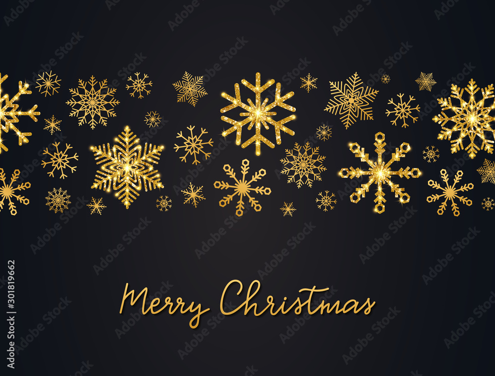 Christmas background with glitter gold snowflakes and hand lettering. Shining tape with golden snowflakes. Merry Christmas Happy New Year banner. Luxury festive greeting card. Vector Illustration Christmas background with glitter gold snowflakes and hand lettering. Shining tape with golden snowflakes. Merry Christmas Happy New Year banner. Luxury festive greeting card. Vector Illustration
