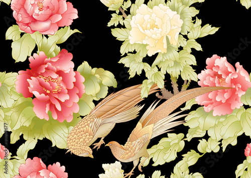Peony tree branch with flowers with pheasants in the style of Chinese painting on silk Seamless pattern, background. Colored vector illustration. Isolated on black background..
