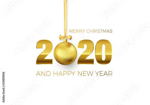 New Year Poster with Greeting Text. Golden Christmas Ball instead of zero in 2020. Holiday Decoration Element for Banner or Invitation. Vector illustration