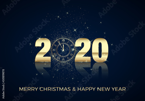 Happy New Year Greeting Card. Golden Clock instead of zero in 2020. Holiday midnight countdown. Christmas Decoration Element for Banner or Invitation. Vector illustration