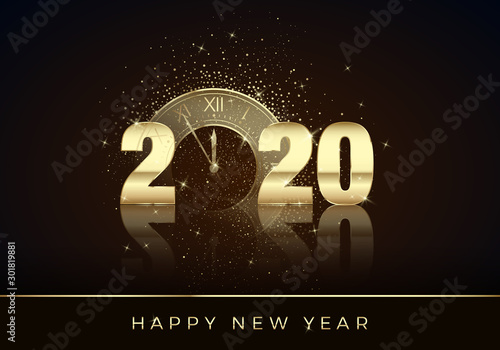 Golden Clock instead of zero in 2020. Happy New Year Greeting Card. Holiday midnight countdown. Christmas Decoration Element for Banner or Invitation. Vector illustration