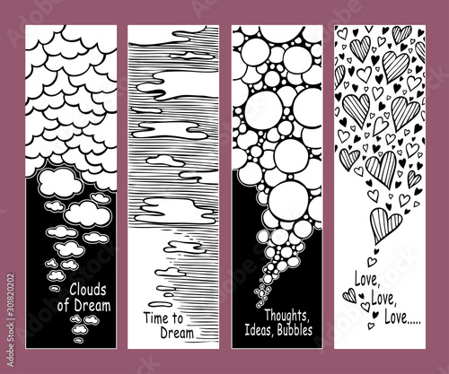 Set of abstract hand drawn banners or bookmarks with clouds bubbles and hearts in white black for   Concept of ideas dreams and love
