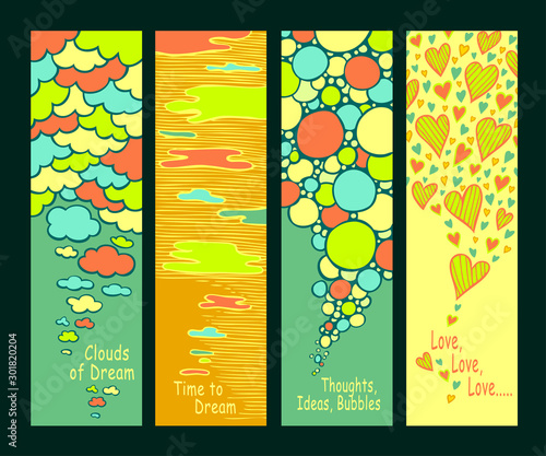 Set of abstract hand drawn banners or bookmarks with clouds bubbles and hearts in blue yellow red green retro colors for   Concept of ideas dreams and love