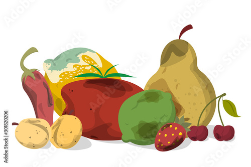 Rotten vegetable and fruit vector isolated. Food waste