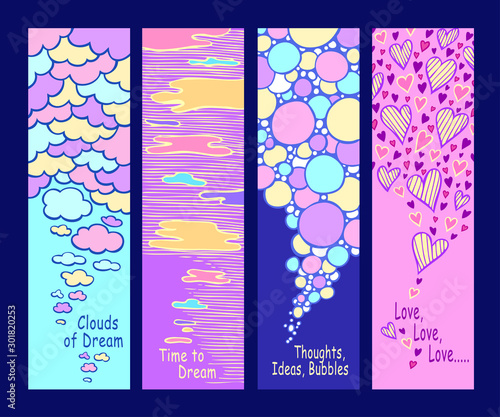 Set of abstract hand drawn banners or bookmarks with clouds bubbles and hearts in blue yellow pink lilac retro colors for   Concept of ideas dreams and love