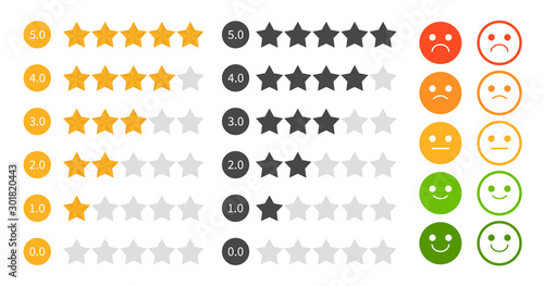 Star rating set vector isolated. Golden and black star shape.