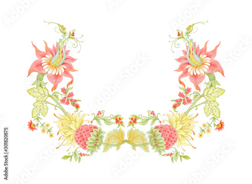 Fantasy flowers in retro, vintage, jacobean embroidery style. Embroidery for neckline. Colored vector illustration..