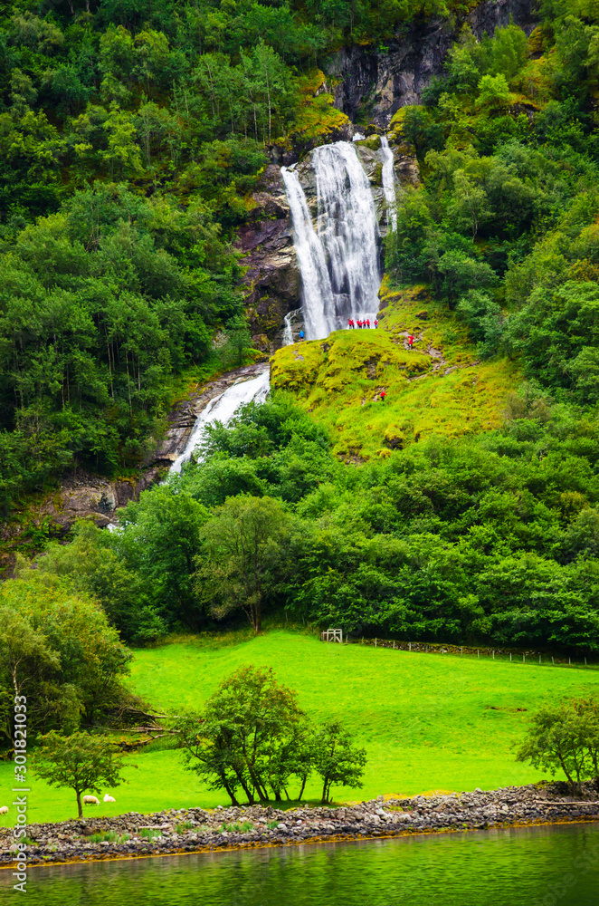 View on waterfall in Sognefjord, one of the most beautiful fjords in Norway