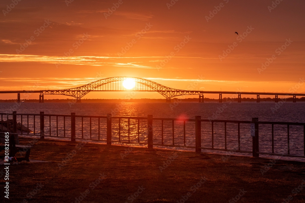 Bridge over Bay at sunrise fire island NY