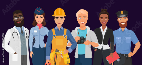 Collection of men and women people workers of various different occupations or profession wearing professional uniform set. Doctor, stewardess, builder, photographer, business woman, police officer