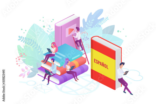 Online language courses flat vector illustration. Spanish language Internet class, e learning isolated clipart on white background. Distance education, remote school, Spain university lessons.