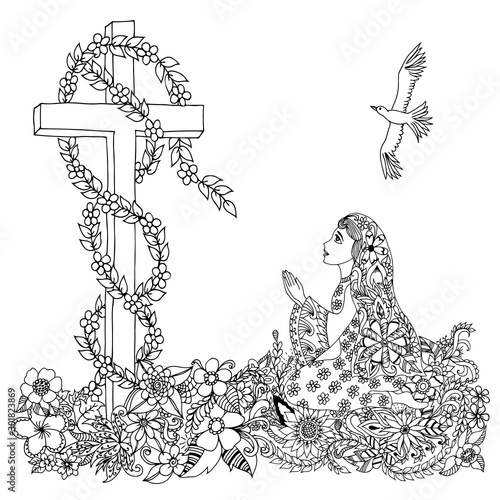 Vector illustration girl on her knees before the cross with flowers. Coloring book anti-stress for adults. Black and white.