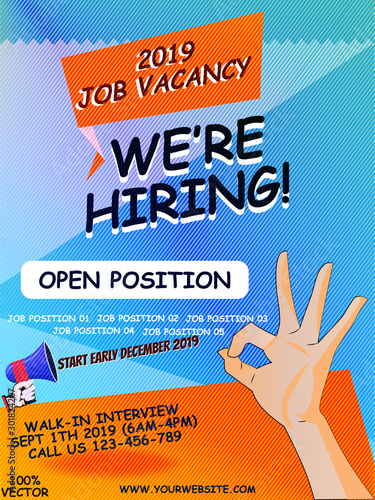 We are Hiring Poster or Banner Design. Job Vacancy Advertisement Concept on gradient blue background with megaphone, hand and orange label. Web design, banner template, infographic. Vector EPS10