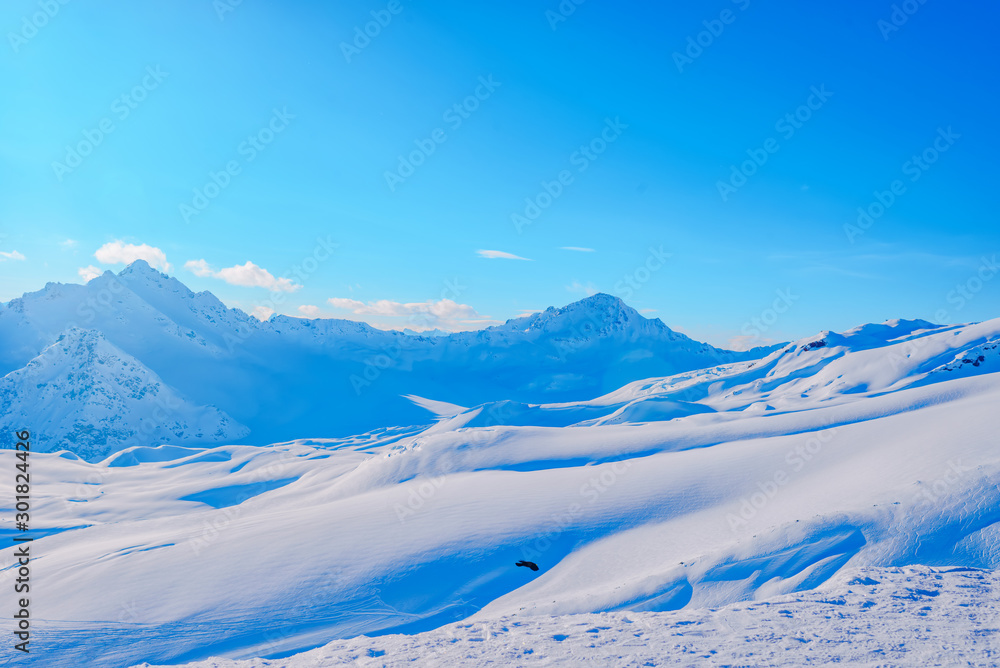 Snow-covered beautiful mountains of Elbrus, the mountain landscape of the North Caucasus. Russia, Kabardino-Balkaria